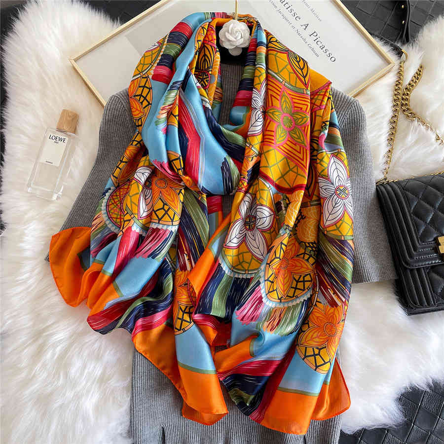 

Silk Spring 2021 and Summer Korean Version Thin Plain Crepe Satin Sunscreen Shawl Beach Towel Scarlet Female Totem Flower VC59, Blue;gray