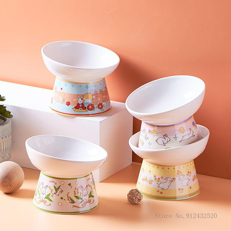 

Cat Bowls & Feeders Cartoon Bowl Ceramic High Foot Anti-overturning Protection Cervical Rice Dog Drinking Water Food Supplies