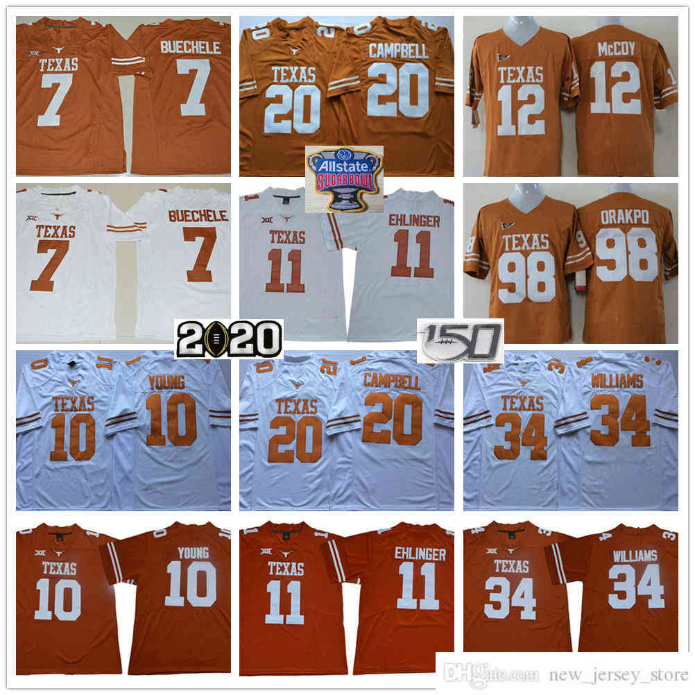 

NCAA 150TH Texas Longhorns College Football Wear 11 Sam Ehlinger 7 Shane Buechele 10 Vince Young 20 Earl Campbell 34 Ricky Williams Orange White Jersey, As picture