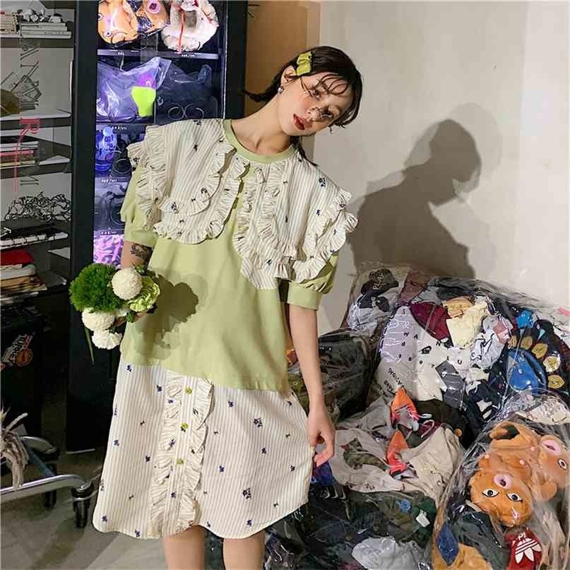 

Summer Ruffle Peter Pan Collar Dress Mid Length Patchwork Temperamet Loose Fit Fashion 2C050 210526, Color panel