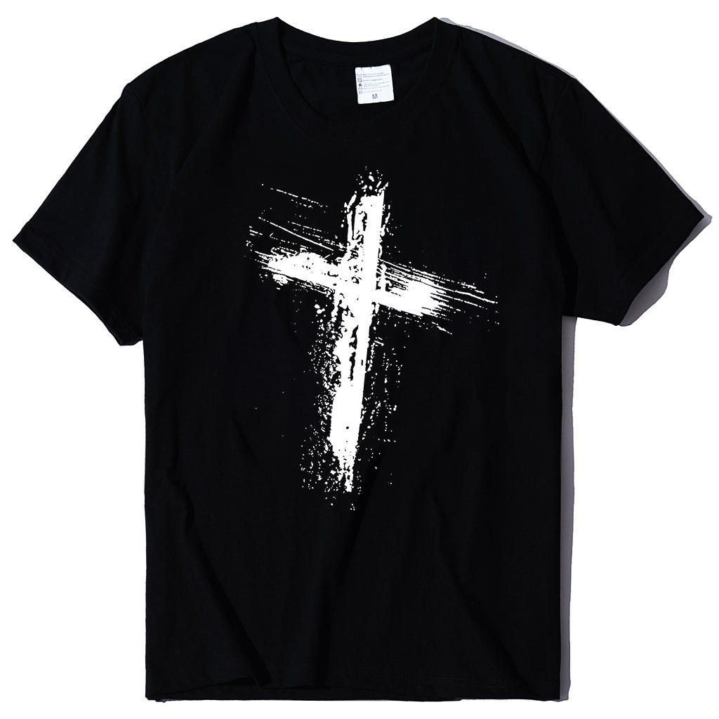 

black and white cross print summer loose trend large round neck short sve korean cotton t-shirt