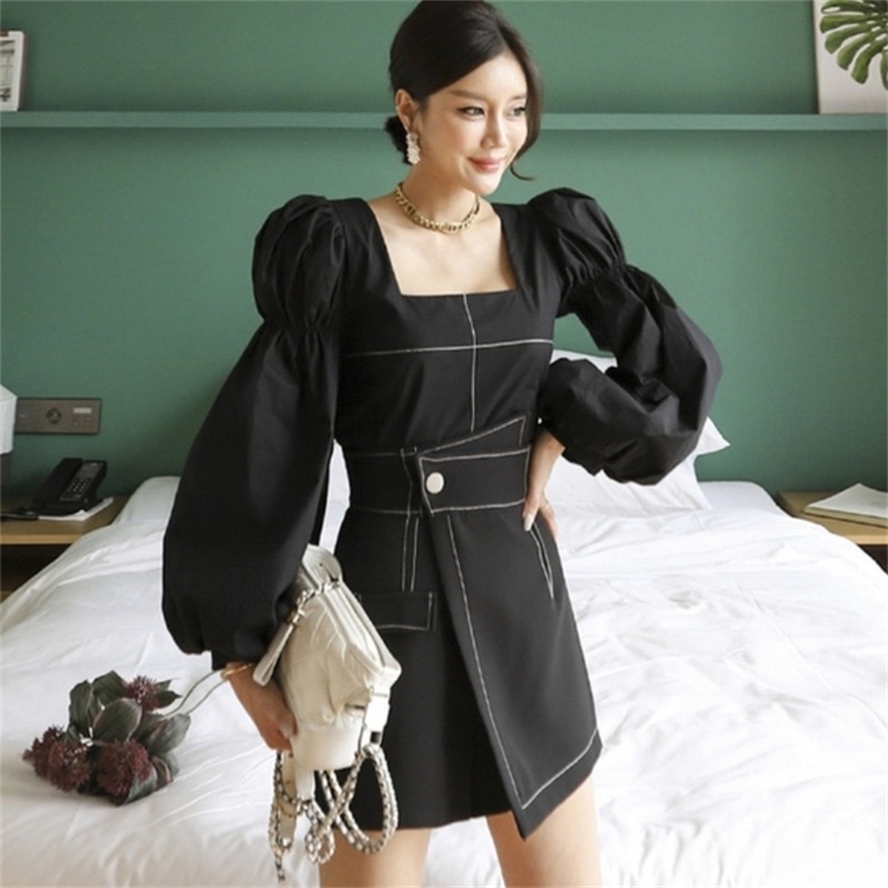 

fashion Women Print Two Piece Set elegant Chic Square collar Lantern sleeve Blouse and High Waist Skirt Female Suit 210519, Blue