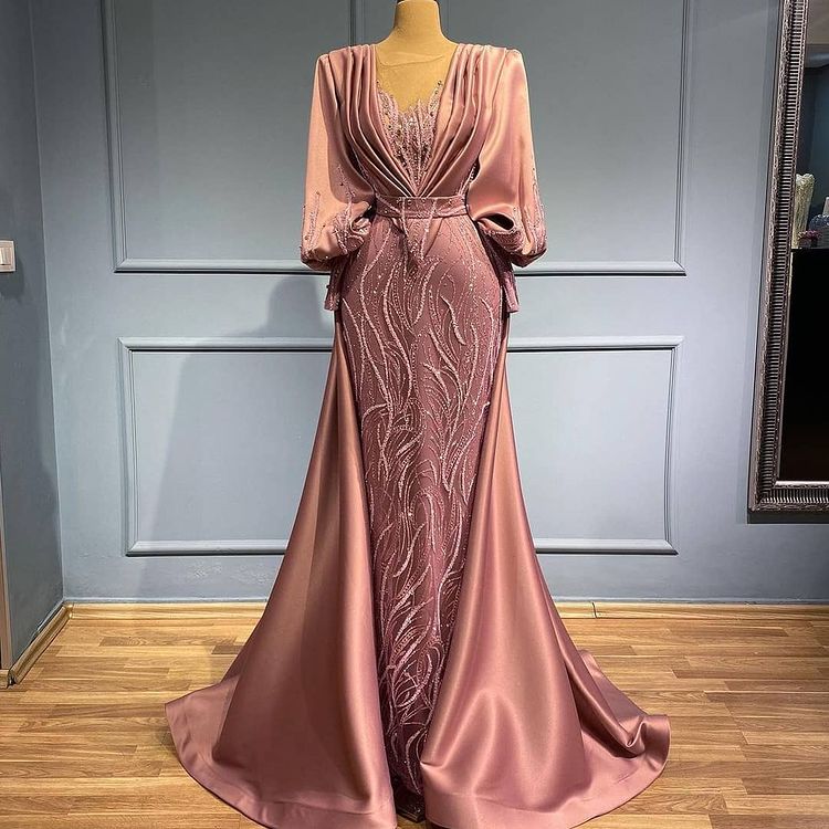 

2021 Plus Size Arabic Aso Ebi Luxurious Mermaid Sexy Prom Dresses Beaded Long Sleeves Evening Formal Party Second Reception Gowns Dress ZJ406, Purple