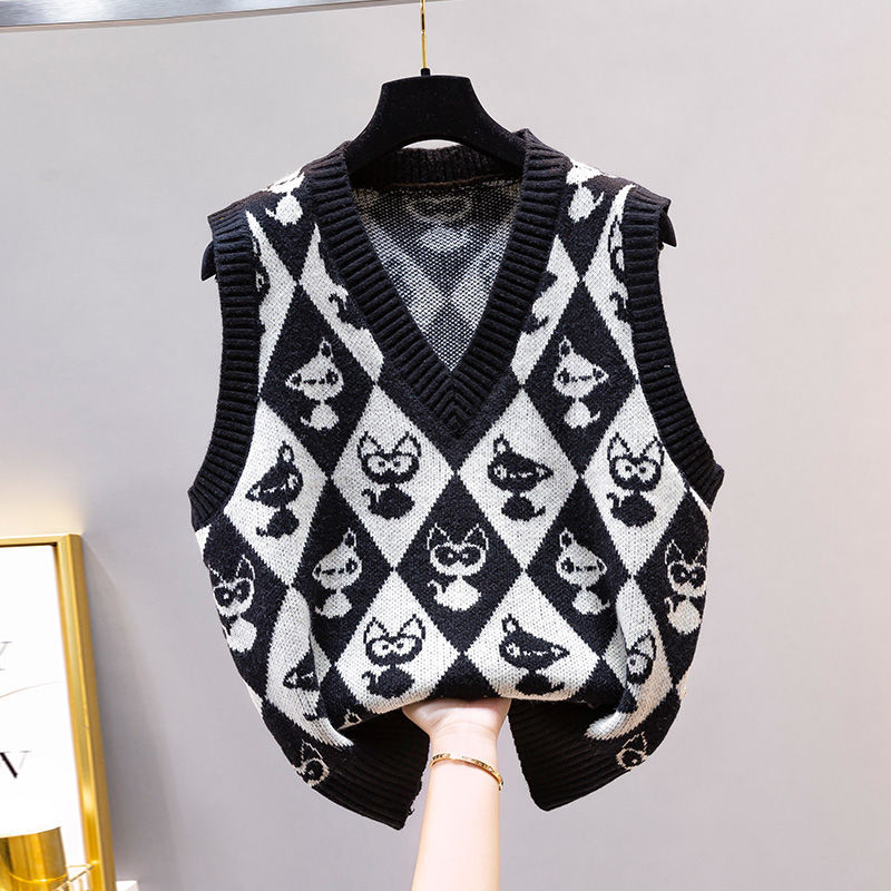 

Spring 2022 Sweater V-neck Vest Vest Women's Outer Wear Sleeveless Cat Jacquard All-Match Knitted Vest, Black;white
