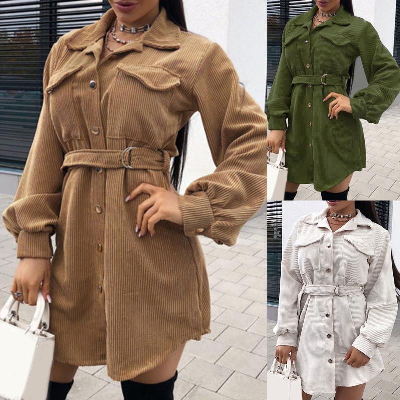

Casual Dresses Women Dress Summer Cotton Linen Lapel Neck Buttoned Belted Side Irregular Mini Office Lady Career Style Overcoat, Gn