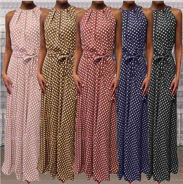 

the dot printing long women dresses sleeveless halter neck coffee casual lady summer beach party sundress, Black;gray