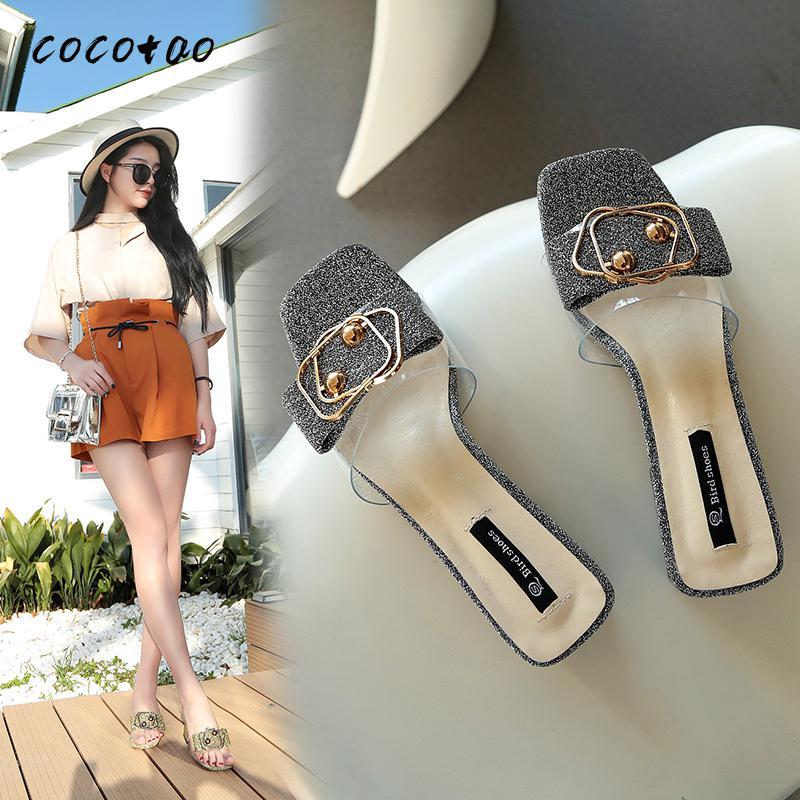 

Slippers Sandals And Women Spring Summer Fashion Wear 2021 Korean Wild Metal Buckle Thick Heel, Black