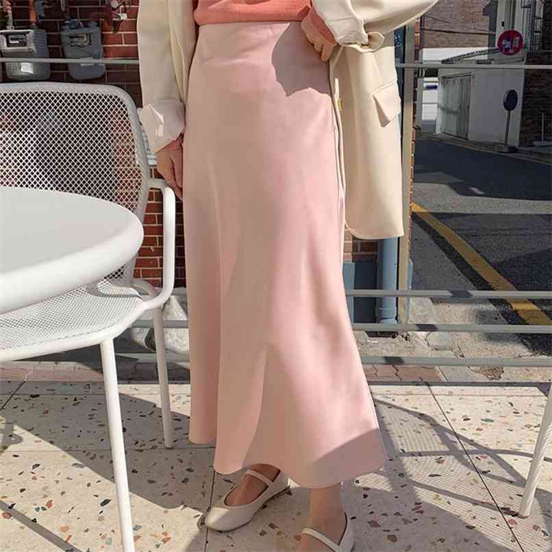 

style fashion temperament satin silky draping texture gloss half-length skirt mid-length women korean clothing 210520, Pink