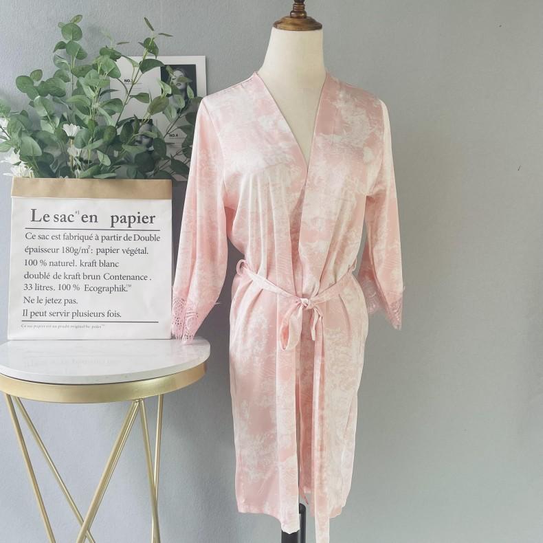 

Women's Sleepwear Lace Patchwork Intimate Lingerie Home Clothes Women Print Flower Satin Robe Kimono Gown Casual Bathrobe Nightgown, Pink