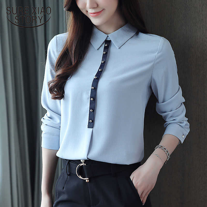 

Spring Chiffon Long Sleeve Women Shirts Elegant Office Lady Blue Womens Tops and Blouses OL Women Blouses Blusa 1557 45 210527