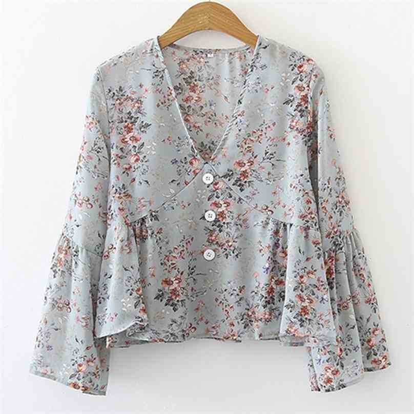 

Retro Chiffon Flare Sleeves Fresh Tops All Match Girls High Quality Women Printed Floral Chic Vintage Blouses 210525, Pink