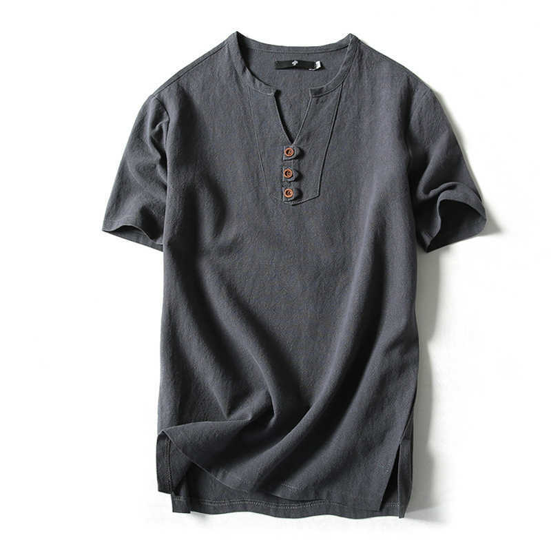 

Men T Shirt Summer Cotton Tshirts Casual Short Sleeve Chinese Style Vintage V Neck Tees Plus Size Oversize Black White Tops 210629, Gray-blue