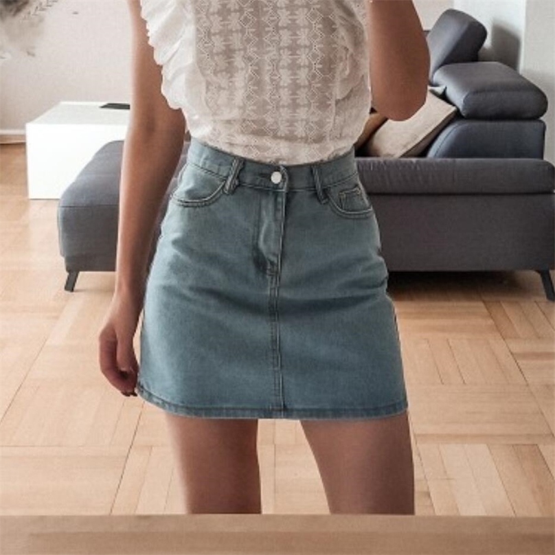 

High Waist Denim Skirt Female Summer Simple Pure Color All-match A-line Black 210629, White