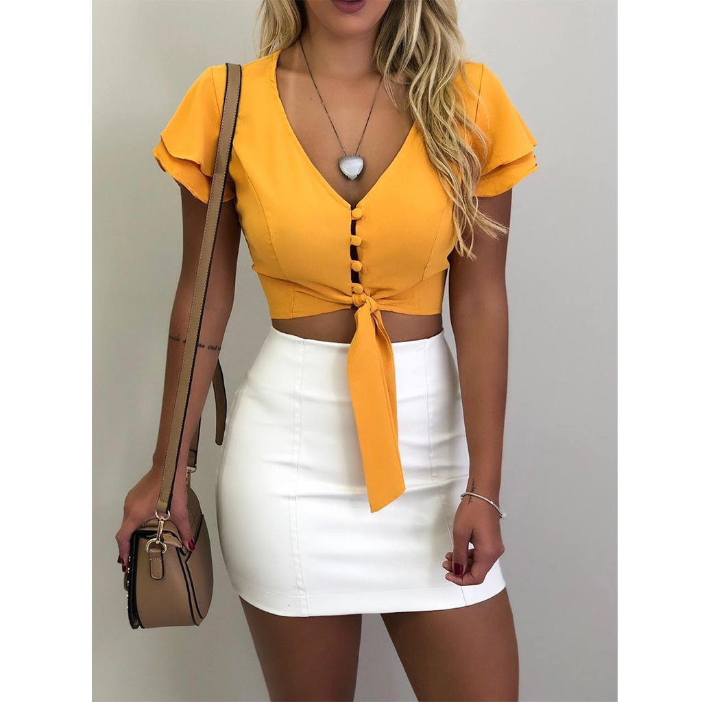 

Women' T-Shirt 042321 High Quality Vintage Fashion Women Casual Tank Blouse Short Ruffle Sleeve Button-Down Flare Crop Tops Banda, Yellow