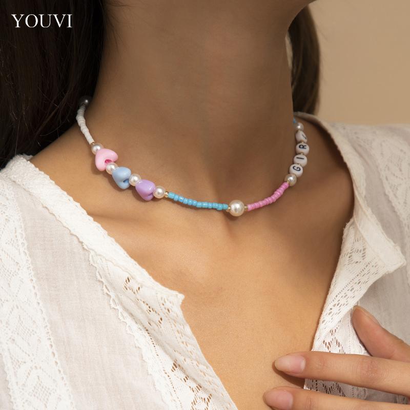 

Chains YOUVI Handmade Colorful Beads Necklace Fashion Letter Choker For Women Rainbow Jewelry On The Neck Accessories Collar, Silver