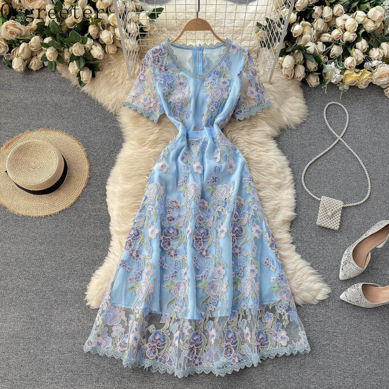 

High Quality Exquisite Floral Embroidery Mesh Dress Women Elegant A-line Evening Party es Summer Fashion Blue Robe 210525, Sky blue