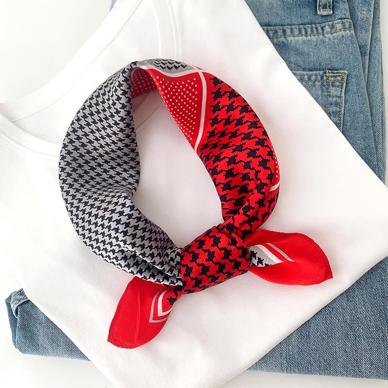 

Scarves 2022 Houndstooth Print 100% Pure Silk Square Scarf Women Hairband Shawl Neckerchief Female Design Headband Hijab Bandana Poncho, Blue;gray