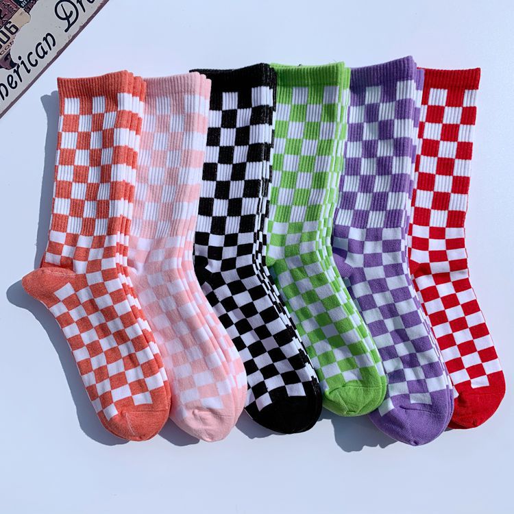 

Checkerboard Socks Men Tide Brand Street Cotton Skateboard Sports Sock, Black