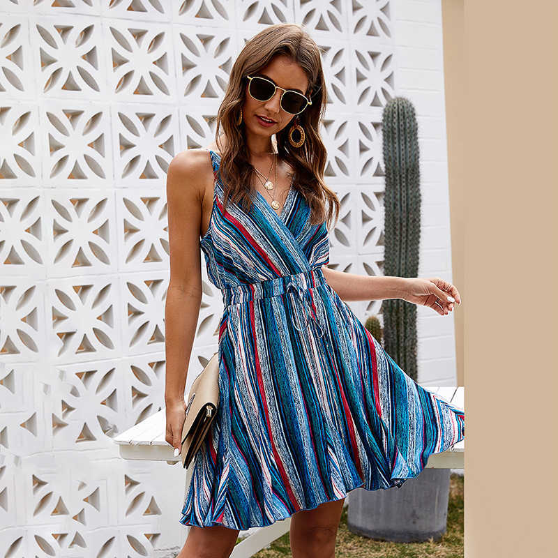 

Bohemian Printed Women Dress Spaghetti Strap V-Neck High Street Summer A-Line Lady Beach Dresses W669 210526