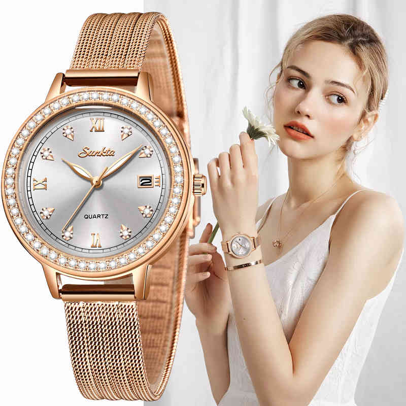 

SUNKTA Women Watches Top Brand Luxury Fashion Female Quartz Wrist Watch Ladies Full Steel Waterproof Clock Girl Relogio Feminino 210517, White