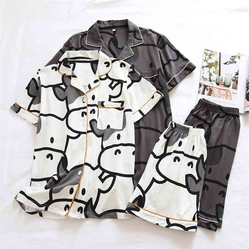

summer couple pure cotton short-sleeved shorts pajamas two-piece cute calf female loose simple home service set male 210809, Female white