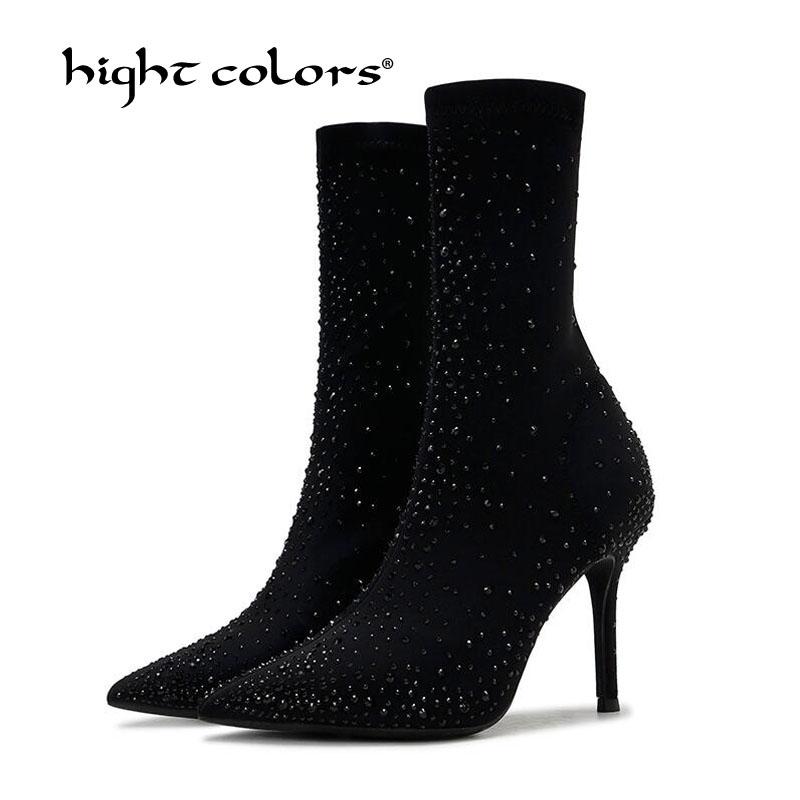 

34~40 Lady Ankle Boots Rhinestone Crystal Bling Thight High Heel Shoes Women Sock Comfort Elastic Party T11-18, Black