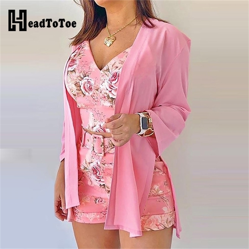 

Spaghetti Strap Floral Print Top & Shorts & Coat Set 210721, Pink