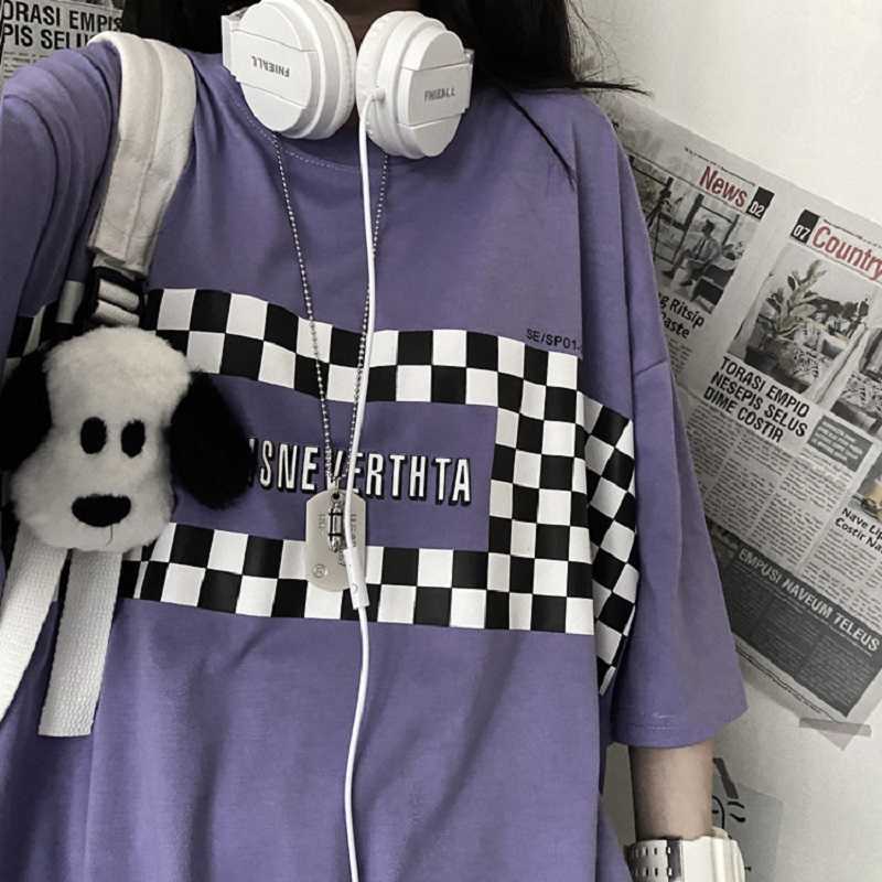 

Japanese plaid gothic plus size hip-hop loose casual Harajuku dark female Ulzzang tops punk Vintage short-sleeved fun T-shirt 210608