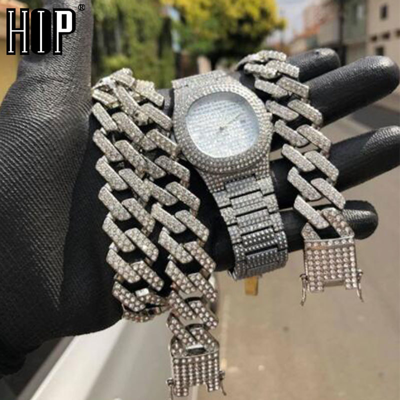 

Hip Hop 1Kit 20MM Watch +Necklace +Bracelet Iced Rhinestones Prong Cuban Chain CZ Bling Rapper Heavy Necklaces For Men Jewelry X0509