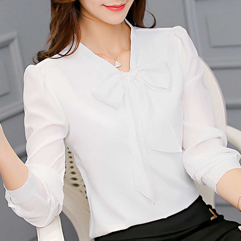 

Autumn Long Sleeve White Blouse Tops Women Blouse Women Blusas Mujer De Moda Bow V-Neck Chiffon Blouse Shirt Blusa D610 210602
