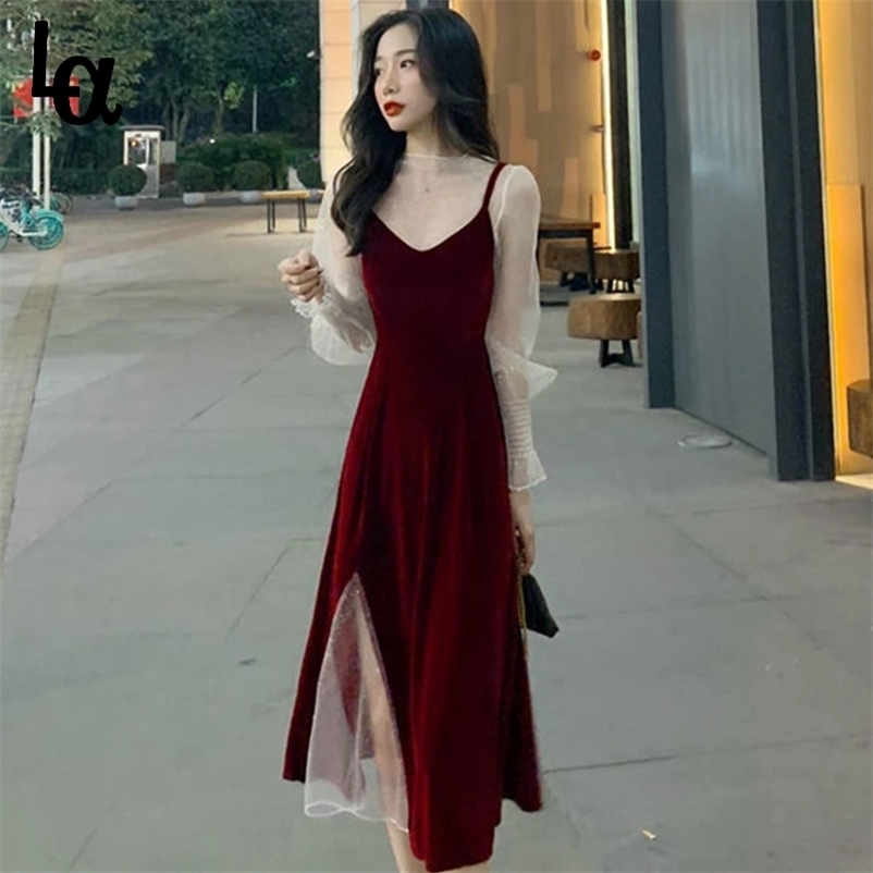 

Autumn Elegant Vintage Set Turtleneck Long Sleeve Sexy Shiny Blouse +Strapless Velvet Split Midi Dress Two Pieces Suit 210519, Red sets
