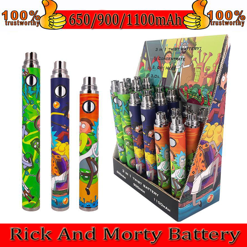

R and M Cartoon Pre-heating Battery 650mah/900mah/1100mah 3 In One 510Thread E Cigarette Variable Voltage For Thick Oils Atomizer Fast Ship