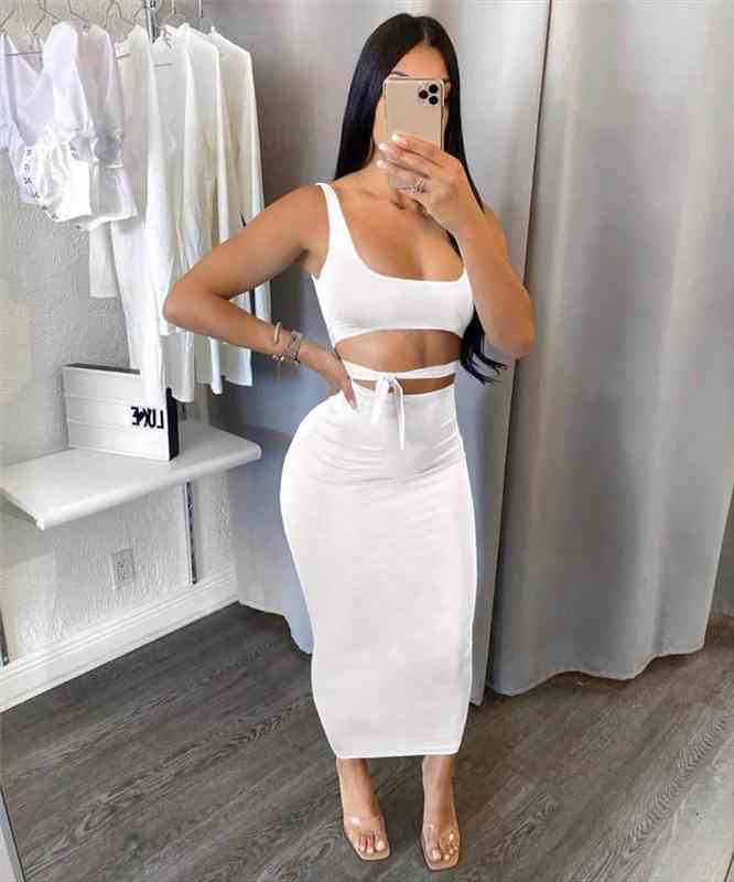 

Wsevypo Summer Party Solid Color Dress Sets Sexy Womens Two Pieces Lace-up Straps Crop Tank Tops maxi Bodycon Skirts 7colors, Gray