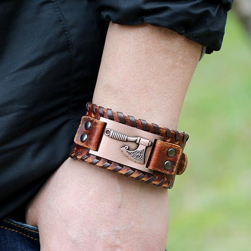 

Men's Jewelry Axe Pattern Wrap Viking Bracelet Leather Accessories Silver Color Hatchet Handmade For Male Charm Bracelets, Golden;silver