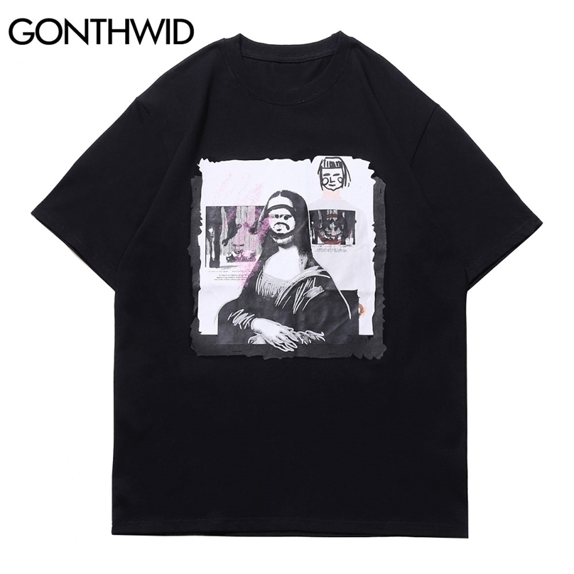 

Tees Shirts Streetwear Funny Graffiti Mona Lisa Short Sleeve Tshirts Hip Hop Harajuku Casual Cotton T-Shirt Mens Tops 210602, White