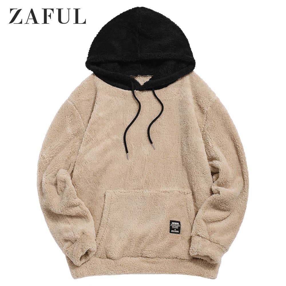 

Winter Colorblock Splicing Faux Fur Fluffy Hoodies Men Long Sleeve Pullover Women Sweatshirt Drawstring Tops Casual Hoodie 210707, Light sky blue