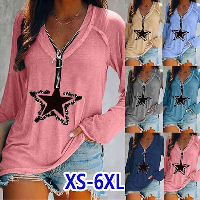 

2021 women' new five pointed star printing zipper V-Neck long sleeve casual shirt T-shirt for women, Gray