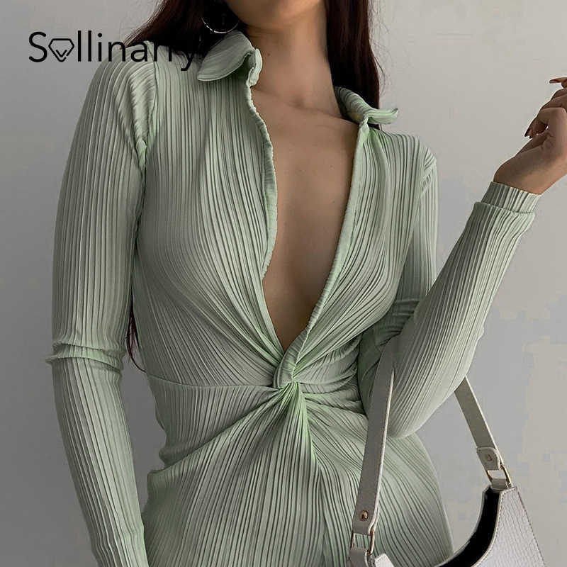 

Sollinary Summer chest knotted ruched dress women High street long sleeves green A-Line dress Sexy V-neck mini dress 210709, Yellow