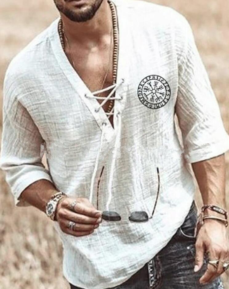 

2022 New Printed Shirt Men's Chest Tie Eyelet T-Shirt Shirt, Green