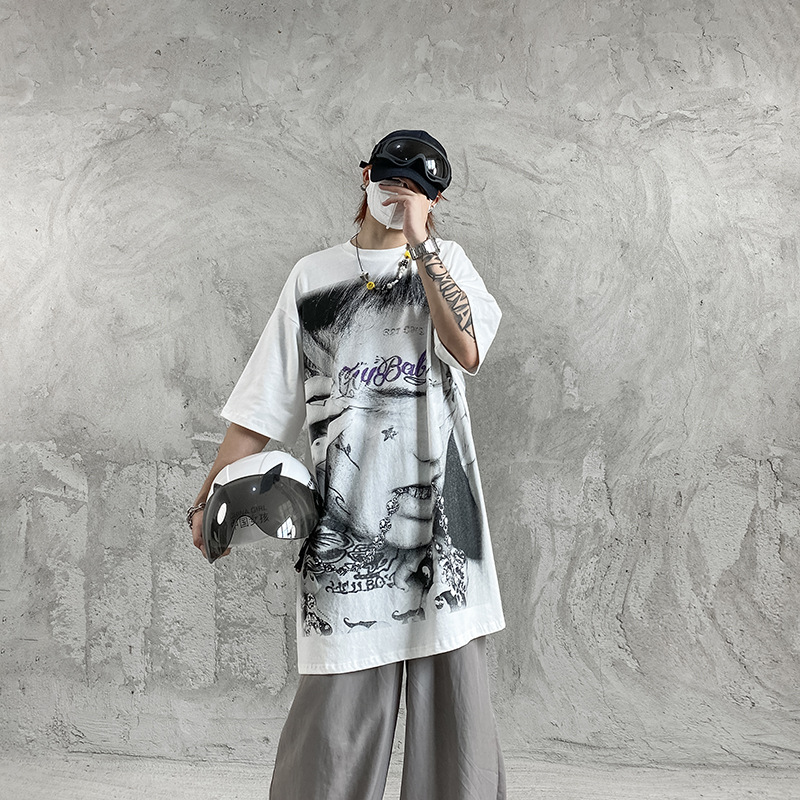 

Mens Designer T Shirt Hip Hop 3D Face Print Long Style Street Trend Handsome Dark Series Ins Loose Oversize Half Sleeve Top Pullover, Customize