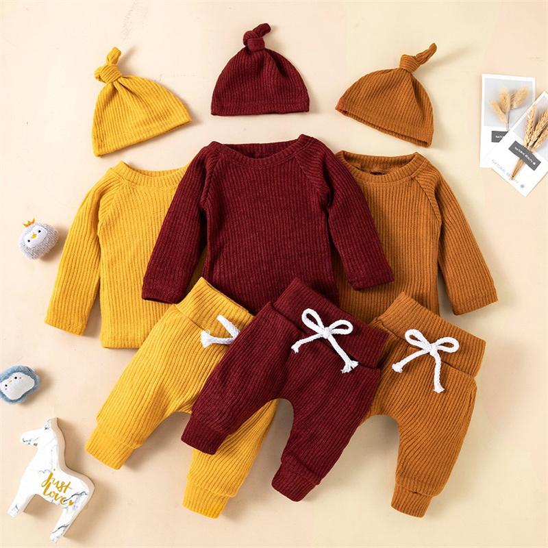 

Clothing Sets Autumn Baby Boys Girls Outfit Toddlers Solid Color Long Sleeve Knitted Tops + Pants Cap Set 3Pcs For 0-24M, Chocolate