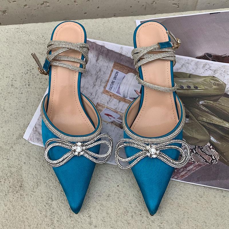 

Glitter Rhinestone Women Pumps Crystal Bowknot Satin Pointy Toe Ladies Shoes Blue Black Pink High Heels Wedding Dress