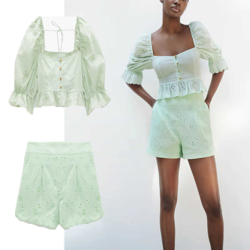 

Za Summer Blouses Women Embroidered Eyelet Green Cropped Blouse Puff Sleeve Smocked Elastic Ruffle Embroidery Vintage Top 210602