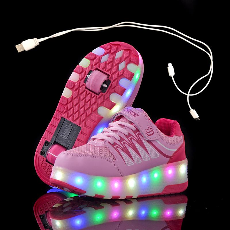 

Two Wheels Pink Blue Sneakers USB Charging Led Light Roller Skate Shoes For Children Kids Boys Girls Up Unisex, Black;red