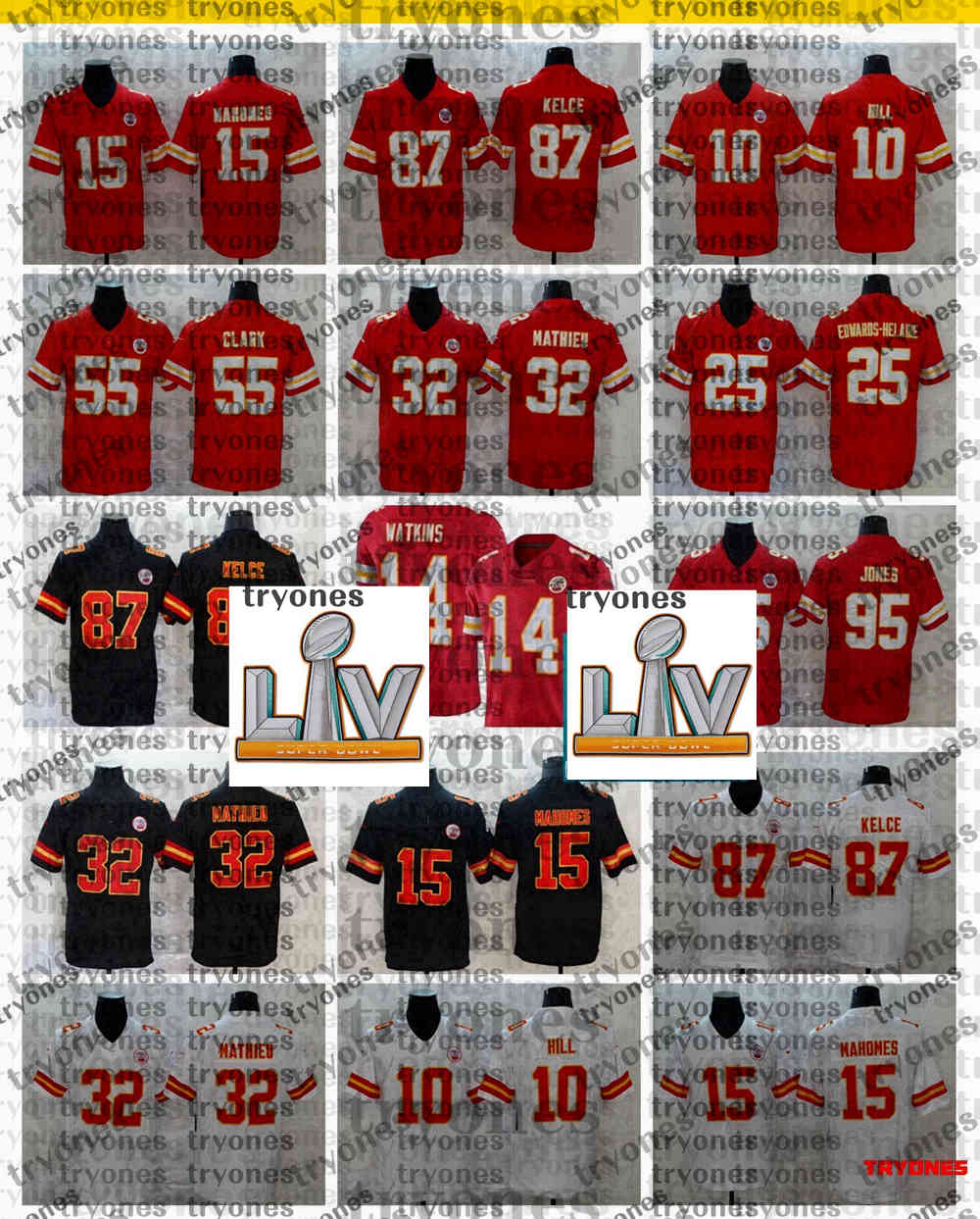 

2021 SuprbLV Patrick Mahomes Tyreek Hill Travis Kelce Tyrann Mathieu Sammy Watkins Chris Jones Edwards-Helaire Frank Clark Football Jersey, Black;red