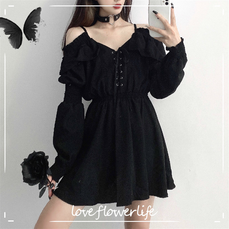 

Gothic Black Dress Women Casual Button Lace Evening Party Sexy Mini Dress Female Long Sleeve Dress Korean Autumn 210521