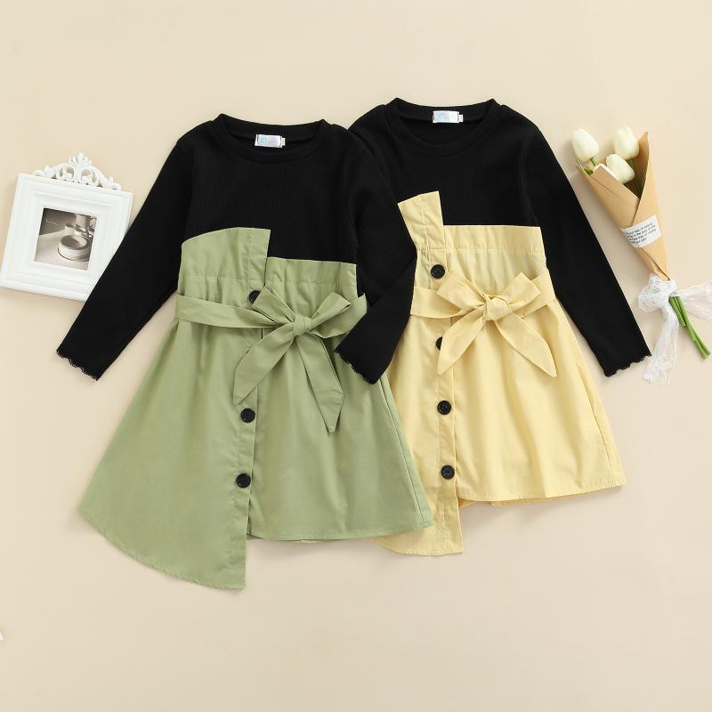 

Girl's Dresses Pudcoco Toddler Baby Kid Girl Fall Dress Spring Autumn Long Sleeve Round Neck Patchwork Contrast Color Belted 2-7Years, Red;yellow