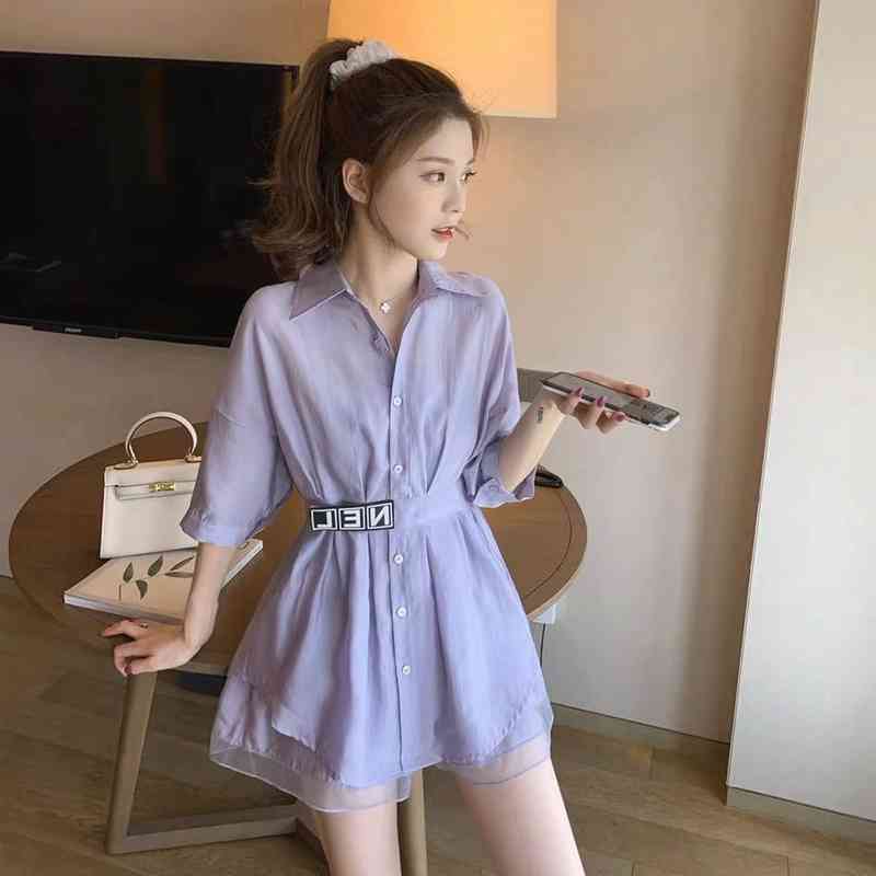 

Summer foreign style wide-leg shorts temperament bombing street net red gas field professional two-piece suit women 210525, Purple two-piece sui
