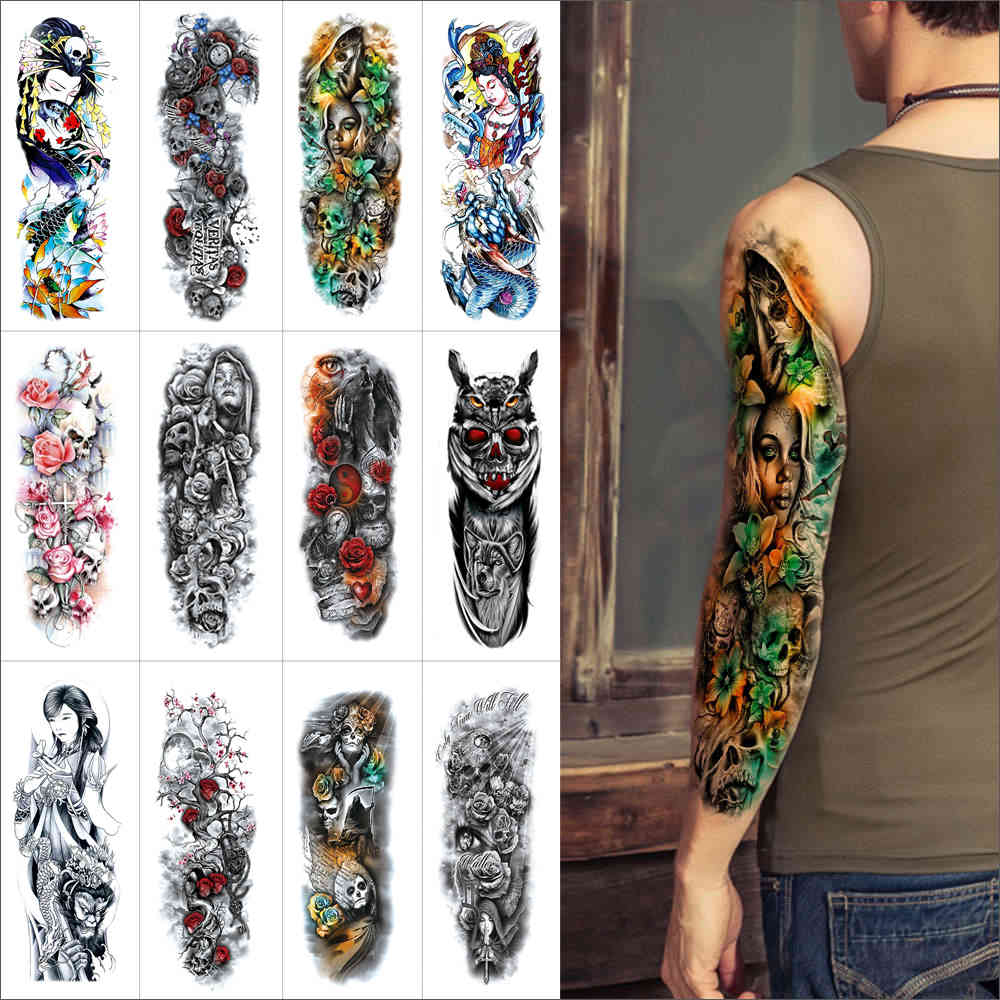 

Temporary full-arm sticker Flowers eyes tigers skull dragon sleeve Fake tattoo for Men and women thigh 480*170mm