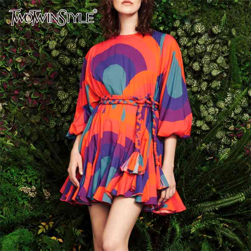 

Casual Print Hit Color Dresses Women O Neck Lantern Three Quarter Sleeve High Waist Lace Up Ruffle Dress Female 210520, As picture